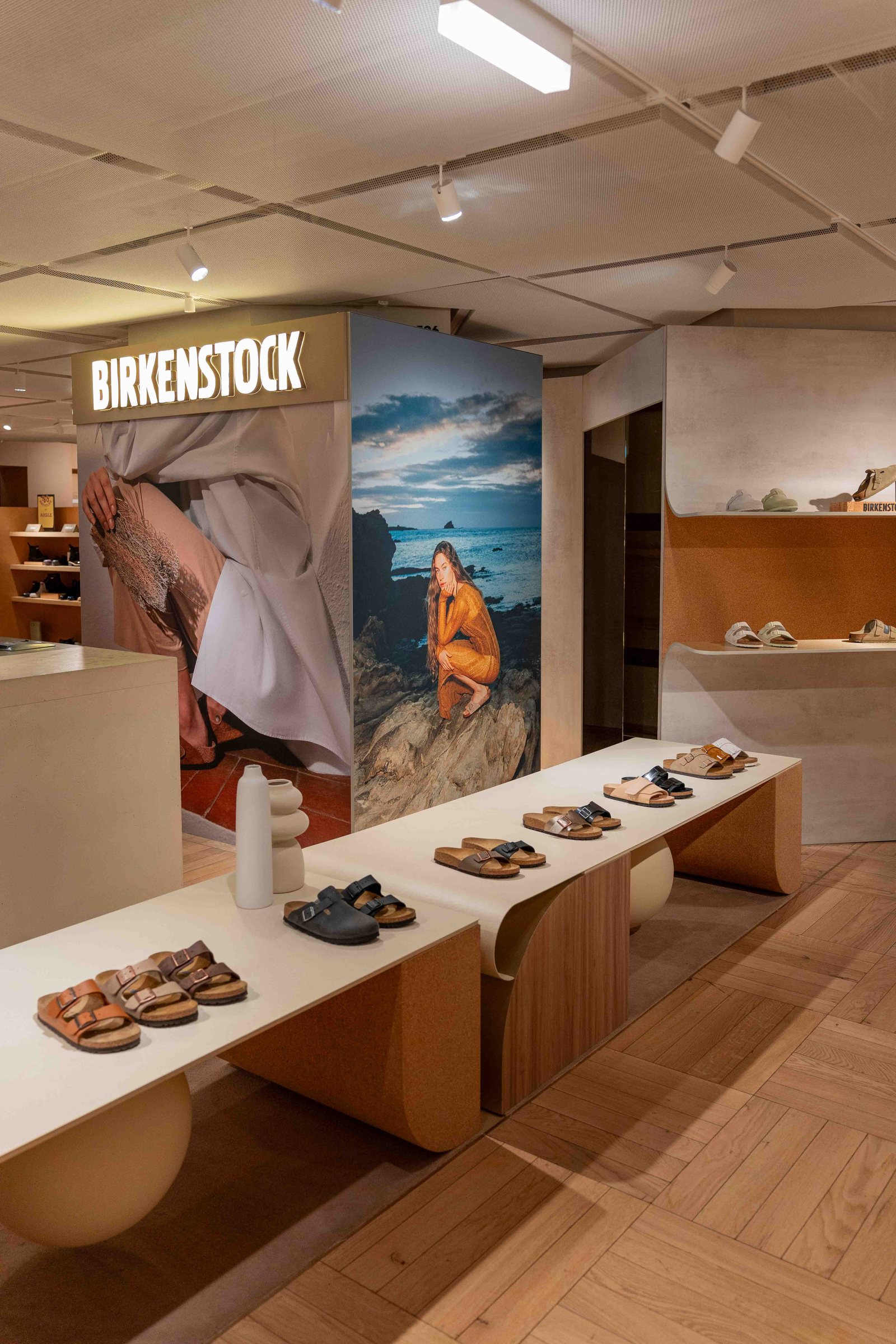 Birkenstock corner at Galeries Lafayette Haussmann, sandal display table