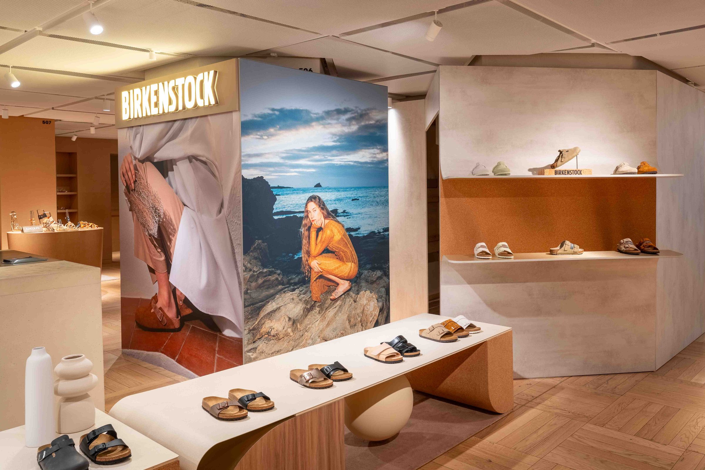 Birkenstock corner at Galeries Lafayette Haussmann, display table and Birkenstock visual