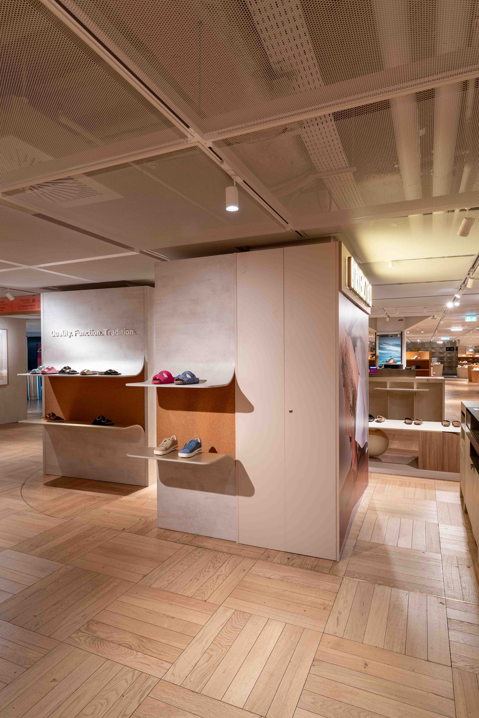 Birkenstock corner at Galeries Lafayette Haussmann, wall display of the styles
